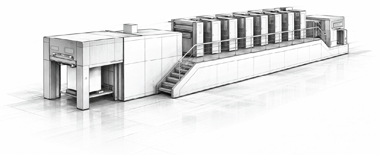 Line drawing of a multi-tower sheetfed offset printing press with operator catwalk and delivery stacker