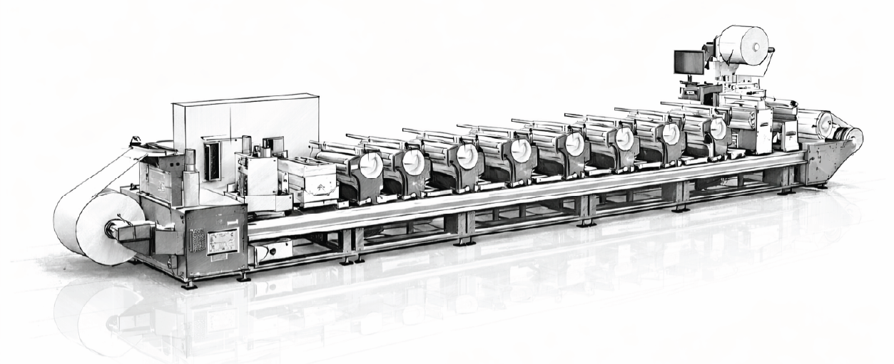 Line drawing of an inline narrow web flexographic printing press with web roll feed, multiple print stations, and rewind unit
