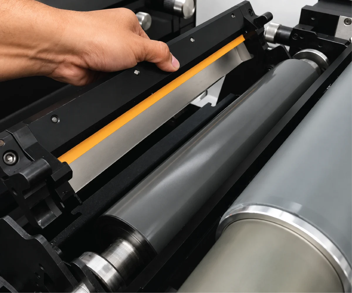 Operator setting a TruPoint polymer doctor blade into a chamber holder beside the anilox roll