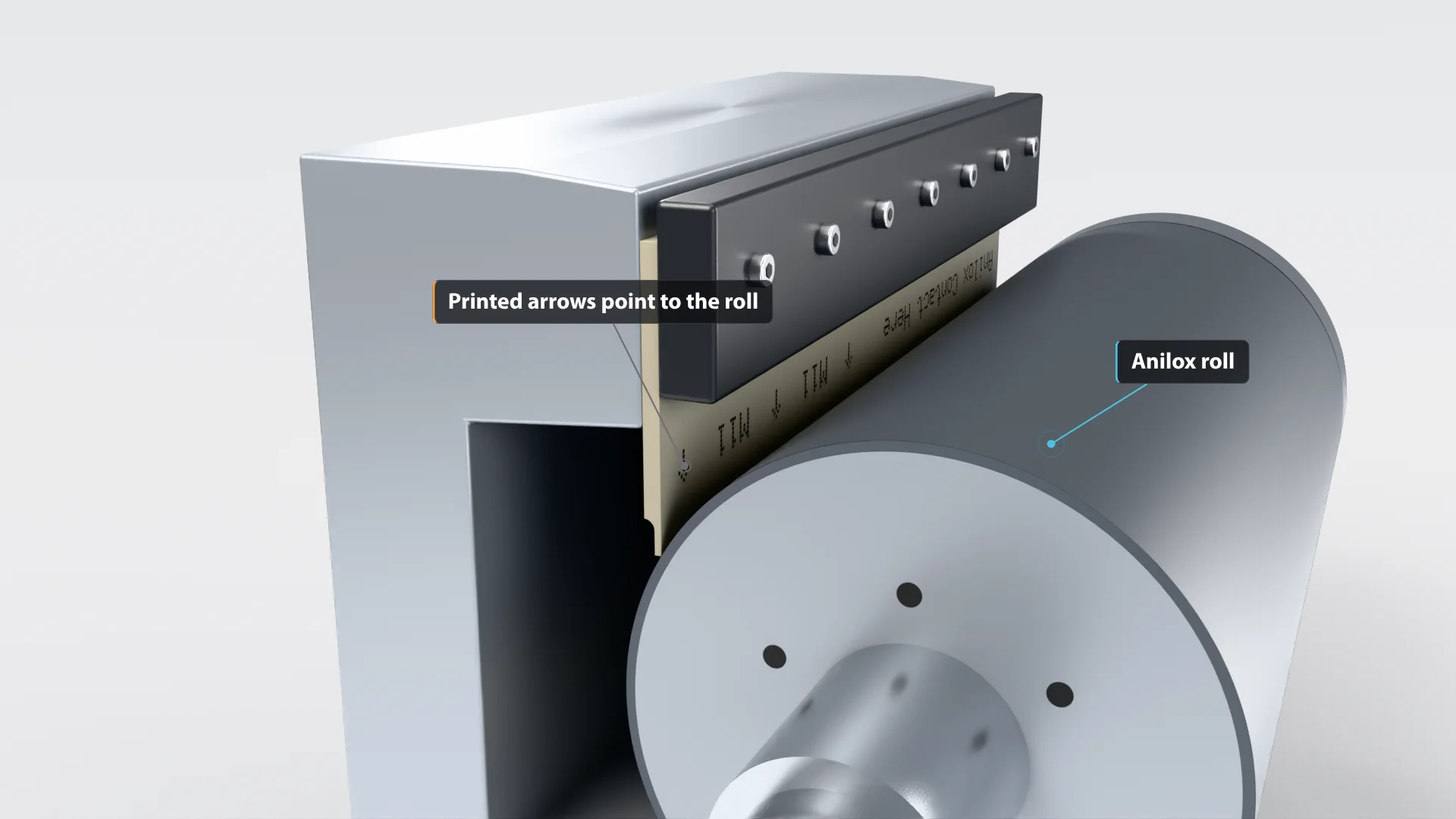 TruPoint MicroTip doctor blade installed in a chamber against the anilox roll with printed arrows pointing to the roll