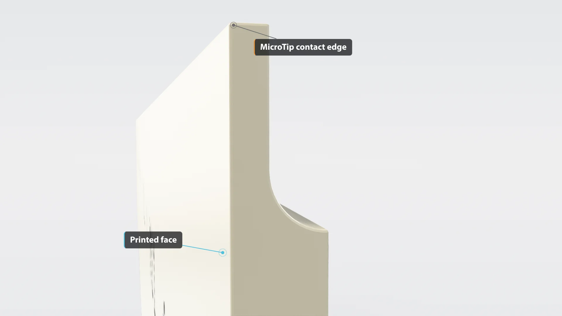 Side view of a TruPoint MicroTip doctor blade showing the printed face and the MicroTip contact edge